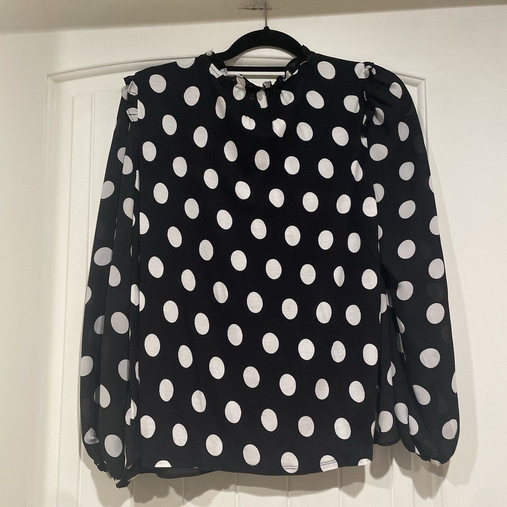 Loft Women's Black Polka Dot Long Sleeve Blouse Size Petite Large - Picture 4 of 7